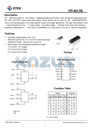 IW4013B datasheet - consists of two identical, independent data-type flip-flops