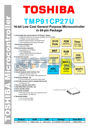 TMP91CP27U datasheet - 16-Bit Low Cost General Purpose Microcontroller in 64-pin Package