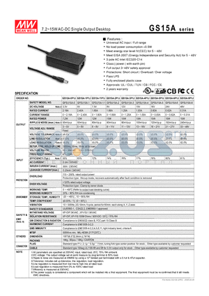 GS15A-3P1J datasheet - 7.2~15WAC-DC Single Output Desktop