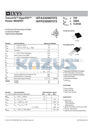 IXFA230N075T2 datasheet - TrenchT2 HiperFET Power MOSFET