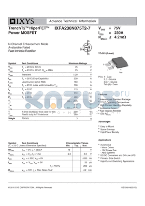 IXFA230N075T2-7 datasheet - TrenchT2 HiperFET Power MOSFET