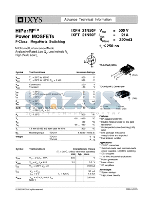 IXFH21N50F datasheet - HiPerRF Power MOSFETs