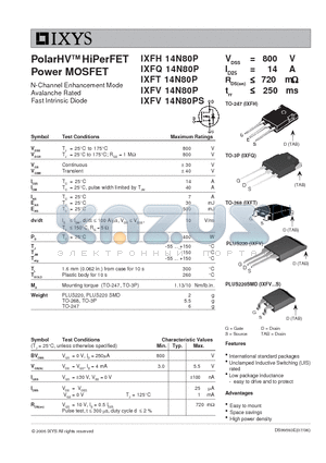 IXFH14N80P datasheet - PolarHV HiPerFET Power MOSFET