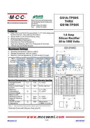 GS1M-TPS05 datasheet - 1.0 Amp Silicon Rectifier 50 to 1000 Volts