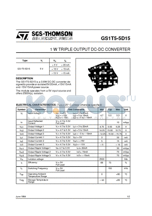 GS1T5-5D15 datasheet - 1 W TRIPLE OUTPUT DC-DC CONVERTER