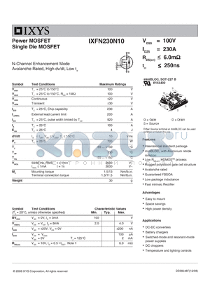 IXFN230N10_08 datasheet - Power MOSFET Single Die MOSFET