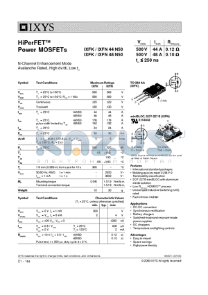 IXFN44N50 datasheet - HiPerFET Power MOSFETs