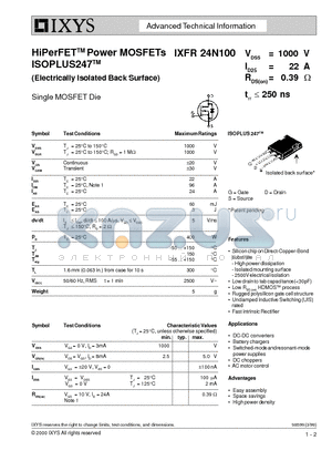 IXFR24N100 datasheet - HiPerFETTM Power MOSFETs ISOPLUS247TM(Electrically Isolated Back Surface)