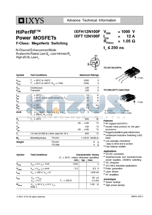 IXFT12N100F datasheet - HiPerRF Power MOSFETs