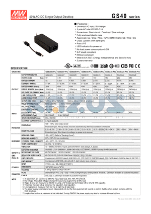 GS40A15-P1J datasheet - 40WAC-DC Single Output Desktop