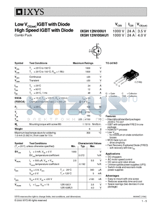 IXGH12N100U1 datasheet - Low VCE(sat) IGBT with Diode High Speed IGBT with Diode