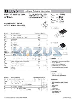 IXGH20N140C3H1 datasheet - GenX3 1400V IGBTs w/ Diode