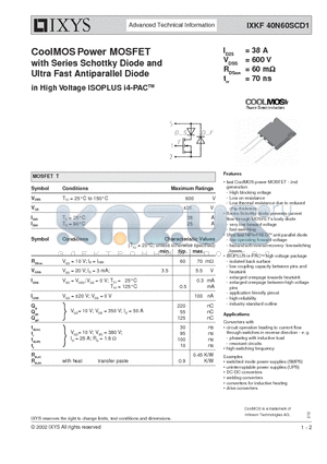 IXKF40N60SCD1 datasheet - CoolMOS Power MOSFET with Series Schottky Diode and Ultra Fast Antiparallel Diode in High Voltage ISOPLUS i4-PAC