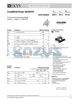 IXKN40N60C datasheet - CoolMOS Power MOSFET