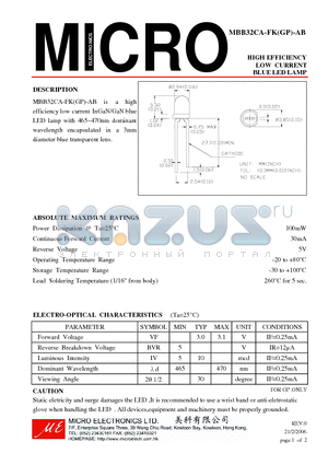 MBB32CA-FK datasheet - HIGH EFFICIENCY LOW CURRENT BLUE LED LAMP