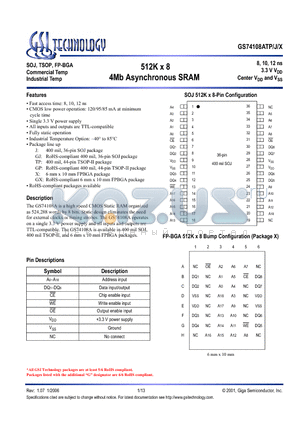 GS74108AJ-10 datasheet - 512K x 8 4Mb Asynchronous SRAM
