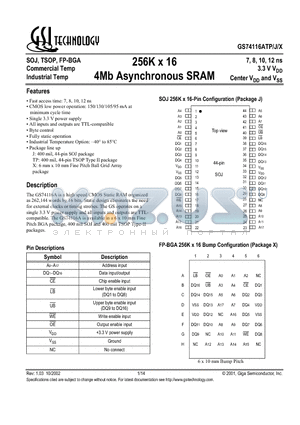 GS74116AJ-8IT datasheet - 256K x 16 4Mb Asynchronous SRAM