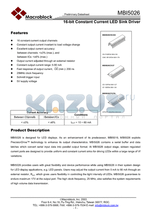 MBI5026CPA datasheet - 16-bit Constant Current LED Sink Driver