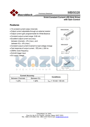 MBI5028CF datasheet - 16 BIT CONSTANT CURRENT LED SINK DRIVER WITH GAIN CONTROL
