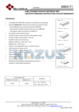 MBI5171 datasheet - 8-Bit Constant Current LED Driver with LED Error Detection and Run-Time Current Adjustment