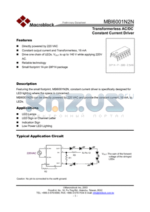 MBI6001N2N datasheet - Transformerless AC/DC Constant Current Driver