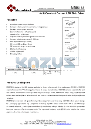 MBI5168 datasheet - 8-bit Constant Current LED Sink Driver