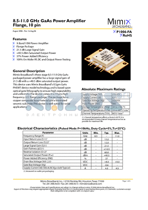 XP1006-FA-EV1 datasheet - 8.5-11.0 GHz GaAs Power Amplifier Flange, 10 pin