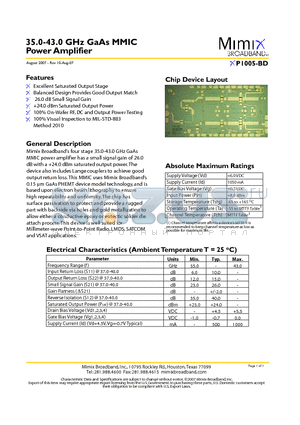 XP1005-BD-EV1 datasheet - 35.0-43.0 GHz GaAs MMIC Power Amplifier