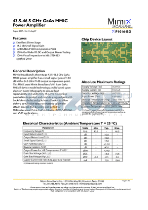 XP1016-BD datasheet - 43.5-46.5 GHz GaAs MMIC Power Amplifier