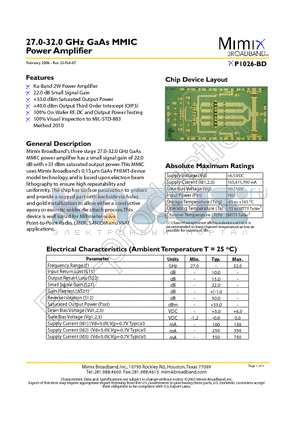XP1026-BD-000V datasheet - 27.0-32.0 GHz GaAs MMIC Power Amplifier