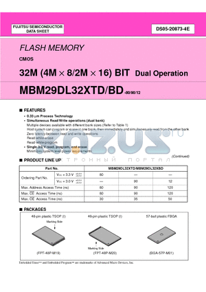 MBM29DL322TD-80PFTR datasheet - 32M (4M X 8/2M X 16) BIT Dual Operation