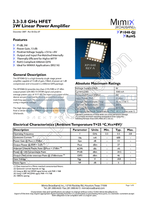 XP1048-QJ datasheet - 3.3-3.8 GHz HFET 3W Linear Power Amplifier