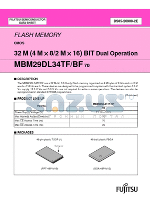 MBM29DL34BF70PBT datasheet - FLASH MEMORY CMOS 32 M (4 M X 8/2 M X 16) BIT Dual Operation