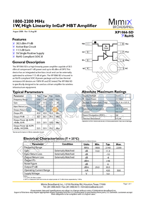 XP1066-SD datasheet - 1W, High Linearity InGaP HBT Amplifier