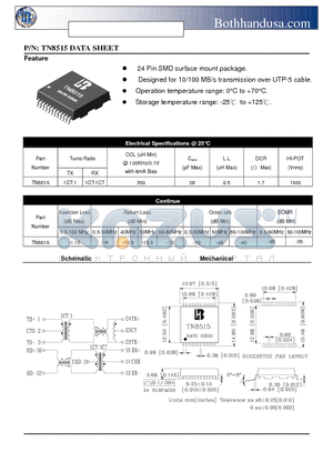 TN8515 datasheet - 10/100 BASE-T SINGLE PORT PULSE TRANSFORMER