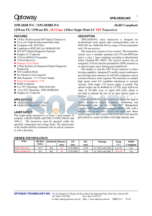 XPB-2820LWG datasheet - 1270 nm TX / 1330 nm RX , 10.3 Gbps 1-Fiber Single-Mode LC XFP Transceiver