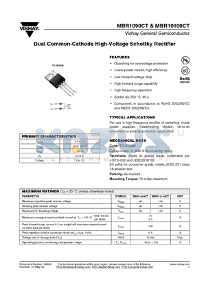 MBR10100CT-E3/45 datasheet - Dual Common-Cathode High-Voltage Schottky Rectifier