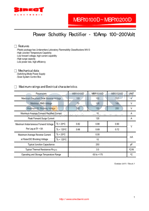 MBR10100D datasheet - Power Schottky Rectifier - 10Amp 100~200Volt