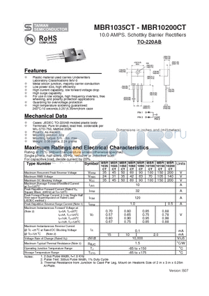 MBR1035CT datasheet - 10.0 AMPS. Schottky Barrier Rectifiers