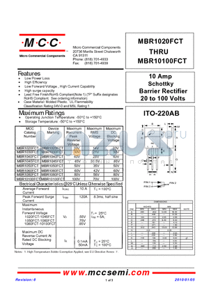 MBR1040FCT datasheet - 10 Amp Schottky Barrier Rectifier 20 to 100 Volts