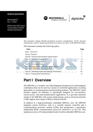 XPC850SRCZT80B datasheet - Communications Controller Hardware Specifications