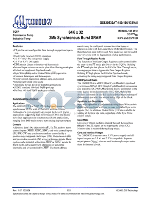 GS820E32AT-4I datasheet - 64K x 32 2Mb Synchronous Burst SRAM