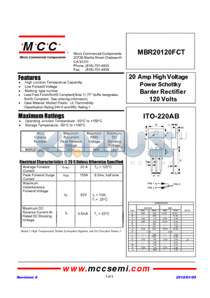 MBR20120FCT datasheet - 20 Amp HighVoltage Power Schottky Barrier Rectifier 120 Volts