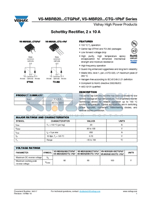 MBR2090CTGTLPBF datasheet - Schottky Rectifier, 2 x 10 A