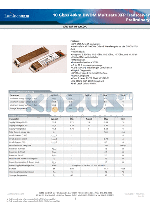 XPD-MR-04-37CDA datasheet - 10 Gbps 40km DWDM Multirate XFP Transceiver Preliminary