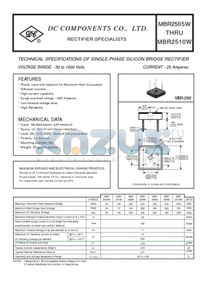 MBR2505W datasheet - TECHNICAL SPECIFICATIONS OF SINGLE-PHASE SILICON BRIDGE RECTIFIER