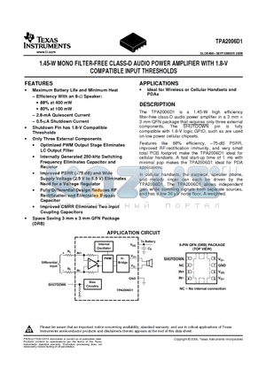 TPA2006D1DRB datasheet - 1.45-W MONO FILTER-FREE CLASS-D AUDIO POWER AMPLIFIER WITH 1.8-V COMPATIBLE INPUT THRESHOLDS