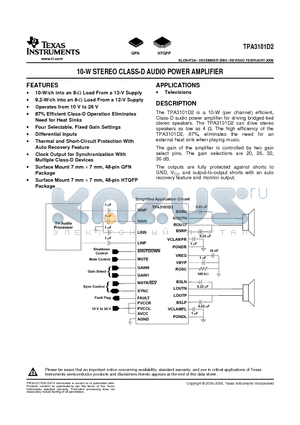 TPA3101D2PHPRG4 datasheet - 10-W STEREO CLASS-D AUDIO POWER AMPLIFIER