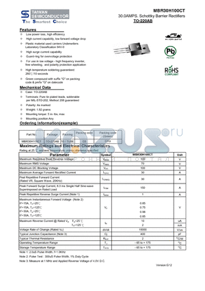 MBR30H100CT_13 datasheet - 30.0AMPS. Schottky Barrier Rectifiers Low power loss, high efficiency