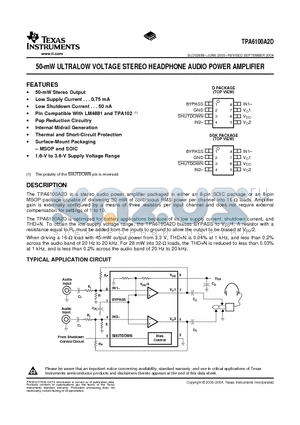 TPA6100A2DGKR datasheet - 50-mW ULTRALOW VOLTAGE STEREO HEADPHONE AUDIO POWER AMPLIFIER